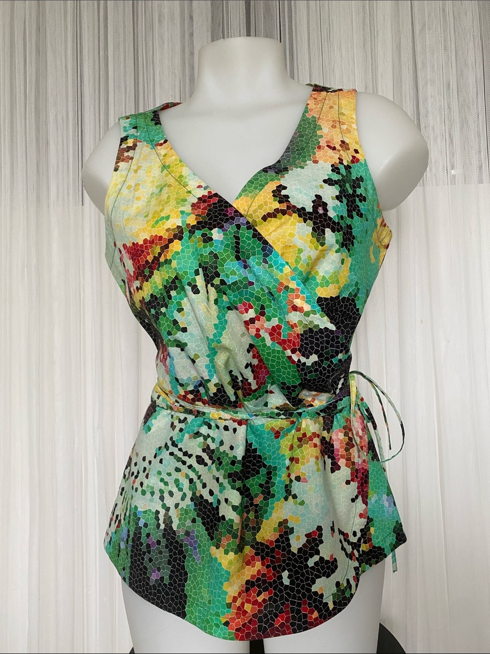 Katherine Barclay Multicolor Mosaic Wrap Tank - Green, Turquoise & Red Accents M